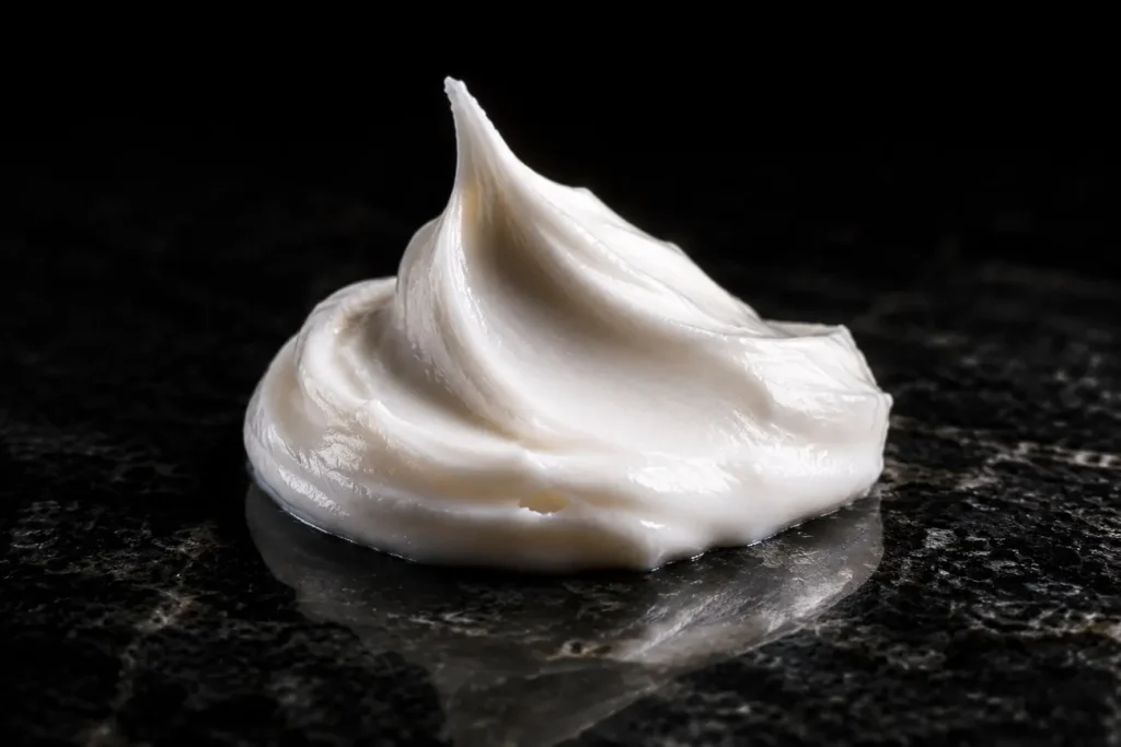 Close view of the cream's density, whipped to a peak on black stone